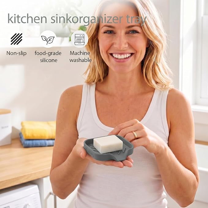 MicoYang Silicone Soap Dish with Drain Spout, Self-Draining Sink Organizer Tray for Bathroom and Kitchen, Sponges, Dispensers and Soap Holder, Non-Slip and Dishwasher Safe, Grey (Compact, 4.9"×3.2")