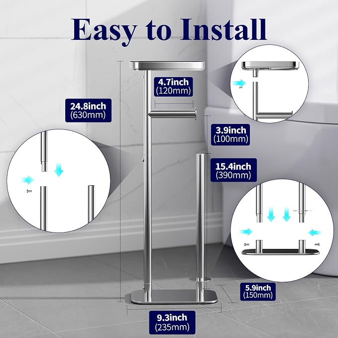 Kitsure Metal Toilet Paper Holder Free Standing, Medium, Chrome Silver | Rustproof Toilet Paper Stand for 4 Rolls, Bathroom Organizers and Storage with Anti-Slip Base and Plastic Shelf