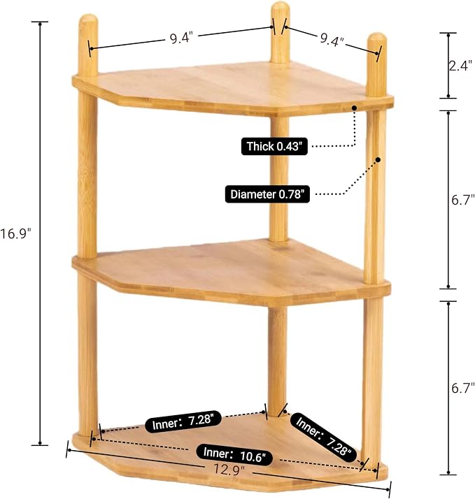 3-Tier Expandable Bamboo Corner Shelf - Dish/Plate Organizer for Cabinet, Kitchen Counter Shelf & Small Kitchen Shelf, Adjustable (Natural, 2-Pc 6.70" H)