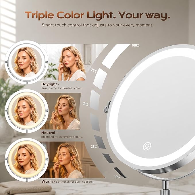 Dienmern Lighted Makeup Mirror, 1X/20X Magnifying Vanity Mirror with Lights | Double-Sided, 5000mAh Rechargeable, Adjustable Brightness, 3 Colors, 360° Rotation, for Dorm, Room, Women Gift