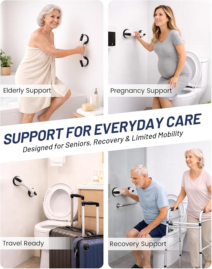 Gel-Enhanced Shower Grab Bar for Seniors and Elderly, Heavy Duty Suction Cup Shower Handle for Bathtubs and Showers, No Drilling Removable Bathroom Safety Bar for Tub and Shower Support