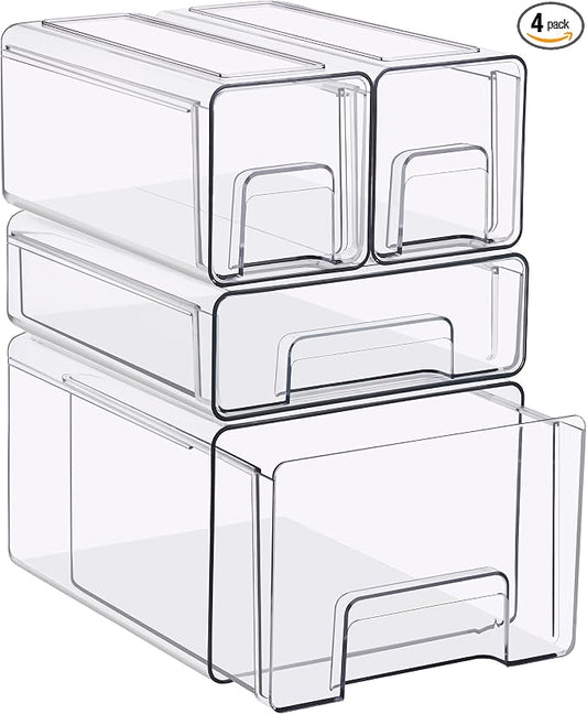 Sorbus Clear Stackable Storage Drawers, 4-Piece Set 1 Large, 1 Medium & 2 Small Pull-Out Plastic Organizer Bins with Handles for Bathroom, Closet, Pantry, Cabinet & Medicine Storage