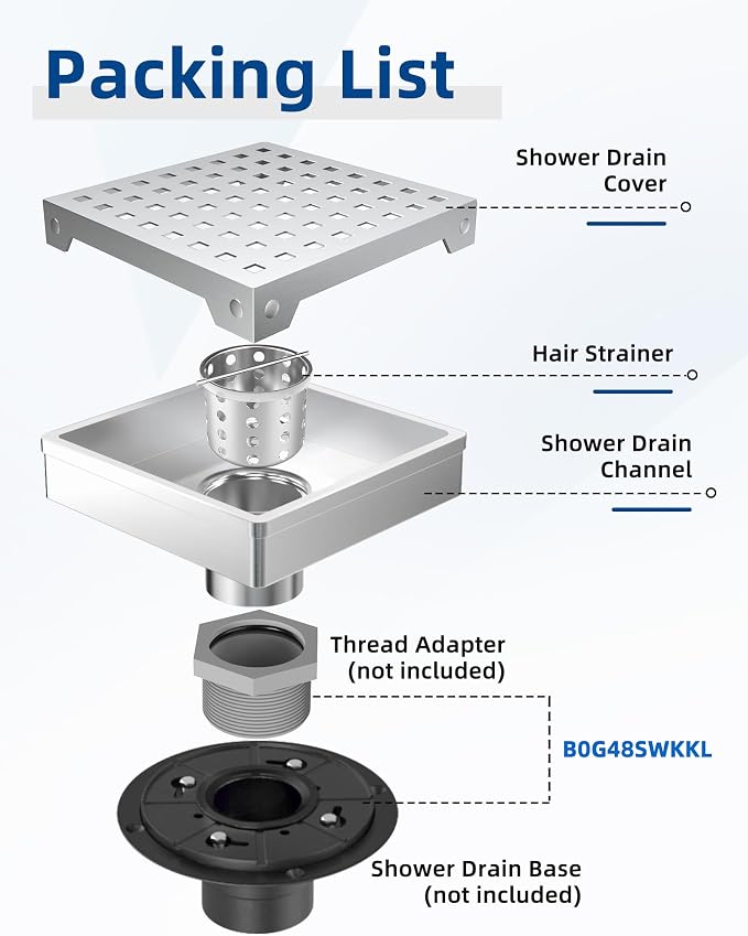 6 Inch Shower Drain, Modern 304 Stainless Steel Square Shower Drain for Bathroom, Brushed Nickel Shower Floor Drain with Grate Removable, Hair Strainer