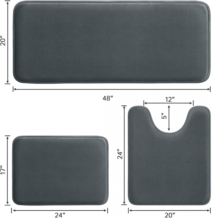 HUXMEYSON 3-Piece Memory Foam Bathroom Rug Set, Dark Grey | Quick Dry Velvet Surface, Non-Slip & PVC Backing, Ultra Soft Bath Rugs for Bathroom, 17"x24"+20"x48"+U Shape 20"x24"
