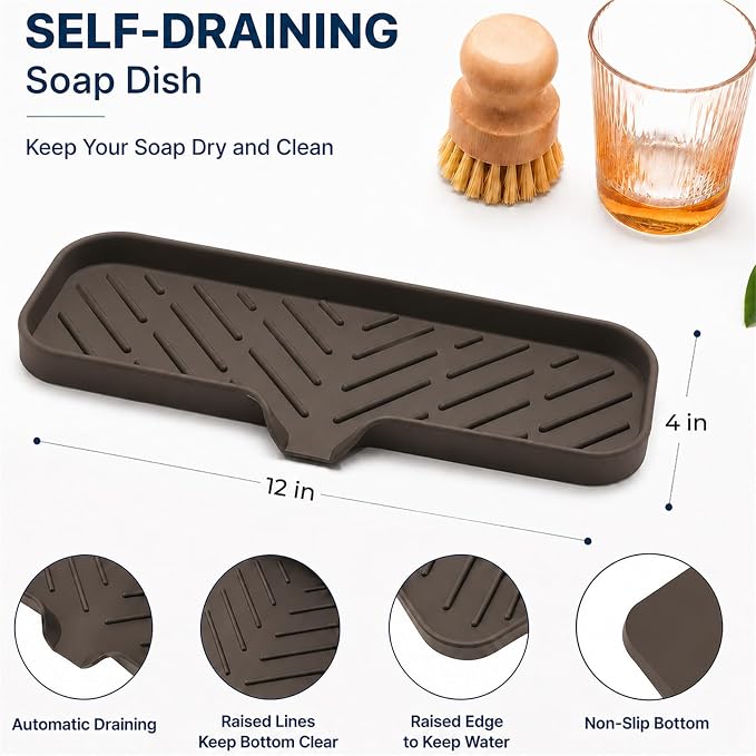 MicoYang Silicone Soap Dish with Drain Spout — Self-Draining Double Sink Organizer Tray for Kitchen & Bathroom, Dispensers, Sponges & Soap Holder, Non-Slip & Dishwasher Safe, Coffee (Large, 12"×4")