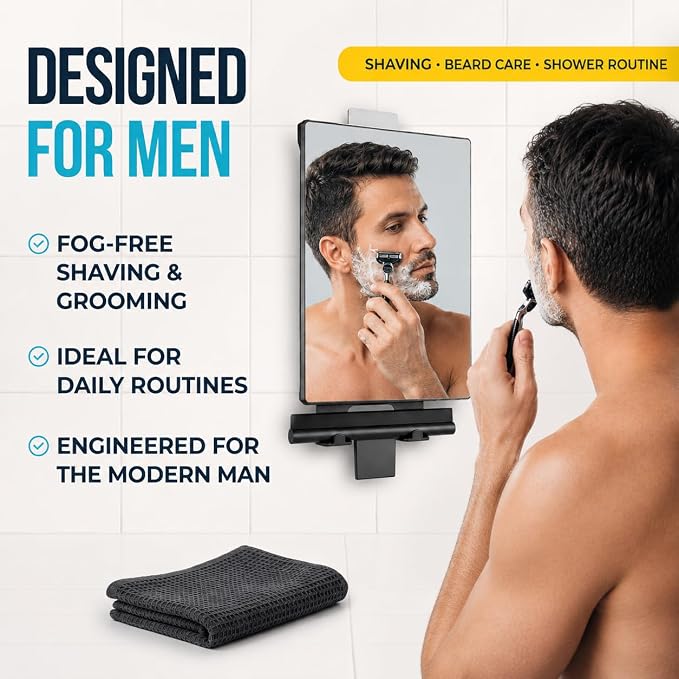 HONEYBULL Fogless Shower Mirror for Shaving with Water Tank, Adhesive Mount | Built in Water Reservoir for Natural Fog Free Effect, Easy Installation, Bonus Squeegee, Razor Holder, 5.5" x 8" Mirror