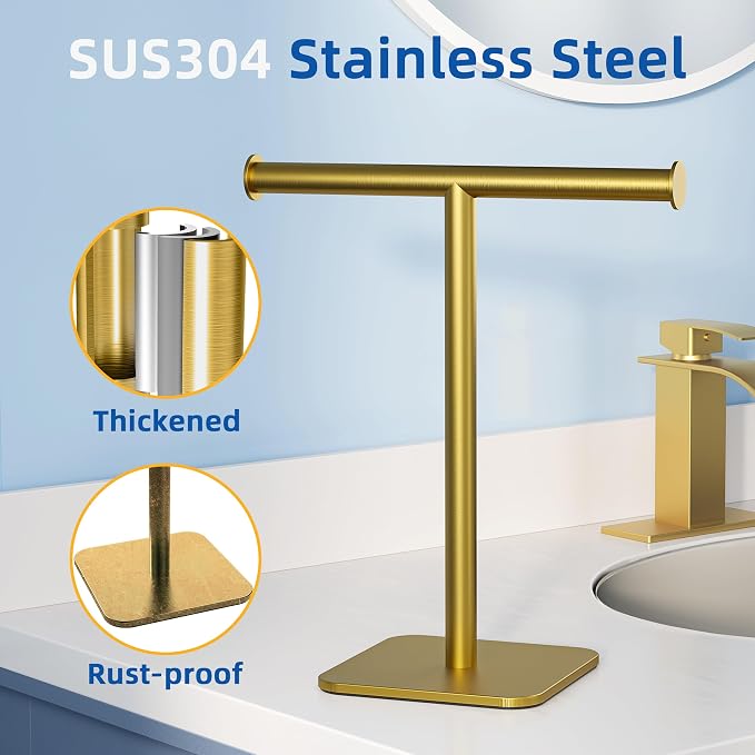 RUACQ Hand Towel Holder Stand, T-Shape Stainless Steel Free Standing Towel Rack, Vanity Countertop Towel Holder for Bathroom Kitchen Heavy Duty (Brushed Gold, 2 Pack)