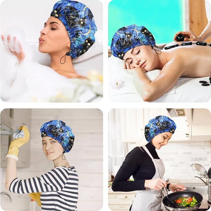 2 PCS Shower Cap Reusable Waterproof Double Layers Hair Caps Shower Bath Adjustable Elastic Hat for Women Girls Cute Aesthetic-Flower Black Cat