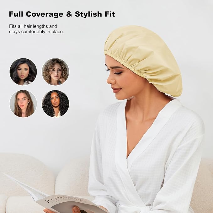 2 Pack Shower Caps for Women, Reusable Waterproof Shower Cap with Elastic Band, Thickened Waterproof Fabric Shower Bonnet for Braids, Long Hair