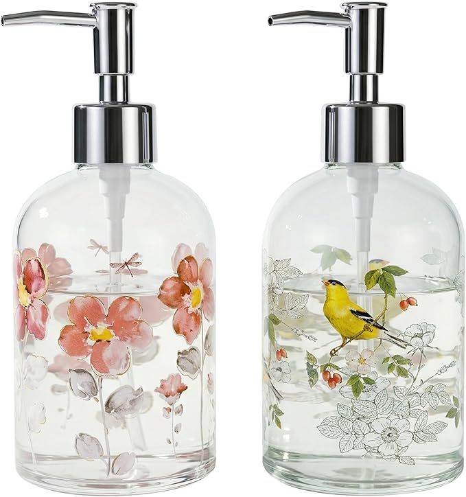 Topadorn Hand and Dish Soap Dispenser Set, 2 Pack 17oz Glass Soap Dispensers with Pump, Refillable Kitchen Soap Bottles, Floral & Goldfinch Decorative Bathroom Counter Decor