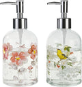 Topadorn Hand and Dish Soap Dispenser Set, 2 Pack 17oz Glass Soap Dispensers with Pump, Refillable Kitchen Soap Bottles, Floral & Goldfinch Decorative Bathroom Counter Decor