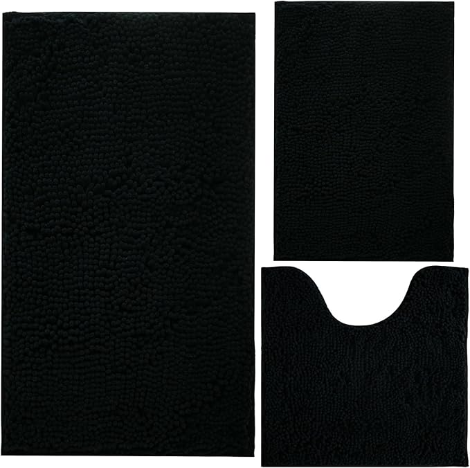 Black Bathroom Rug Chenille 3-Piece Extra Soft and Absorbent Shag Bathroom Rugs, Machine Wash Mat, Strong PVC Non-Slip Underside, Plush Carpet Mats (Black)