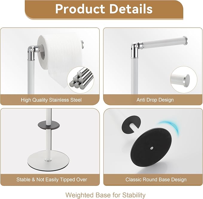 BGL Freestanding Toilet Paper Holder, Tissue Holder On Floor with Reserve Storage Paper Rolls, Roll Paper Holder Standing On Floor (White)