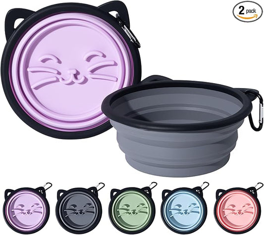 2Pack Silicone Collapsible Dog Bowls, Cute Pet Ear Shape and Cat Graphic Travel Water Bowl Full of Pet Atmosphere 25oz Portable Feeder for Small Large Dog Walking Hiking Camping (Purple and Grey)