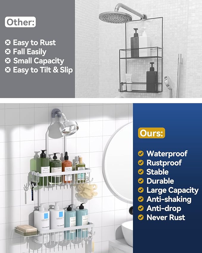 YASONIC Never Rust Shower Caddy Hanging, Aluminum Shower Racks for Inside Shower, 2-Tier Shower Organizer Hanging Over Shower Head with Hooks and Soap Holder, White
