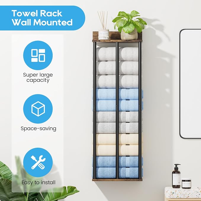 Towel Racks for Bathroom Wall Mounted with Wooden Storage Shelf | Updated 3 Bar Metal Towel Holder for Rolled Towels, Rustic Sturdy and Large Capacity, Towel Storage Organizer