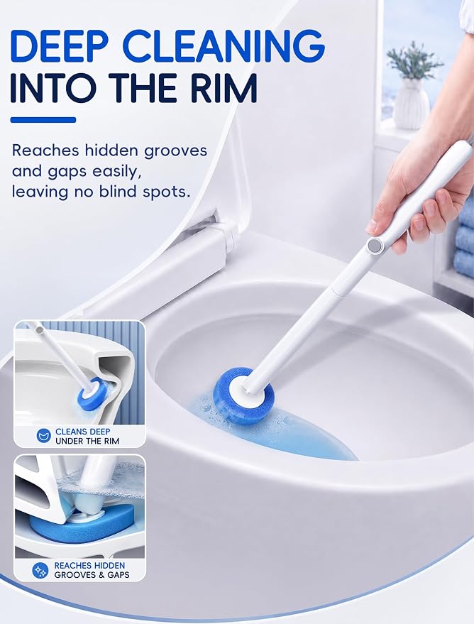 Disposable Toilet Brush System, Toilet Bowl Cleaning Wand with Lift-to-Open Refill Case, Blue Refill Heads and Freestanding Holder, 1 Wand and Holder Set with 63 Blue Refills