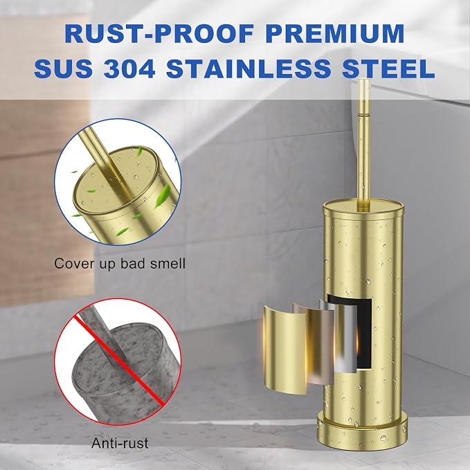 304 Stainless Steel Toilet Brush and Holder Set, Toilet Bowl Brush and Holder, Heavy Duty with Long Handle, Removable Inner Bowl and Splash Protection for Bathroom