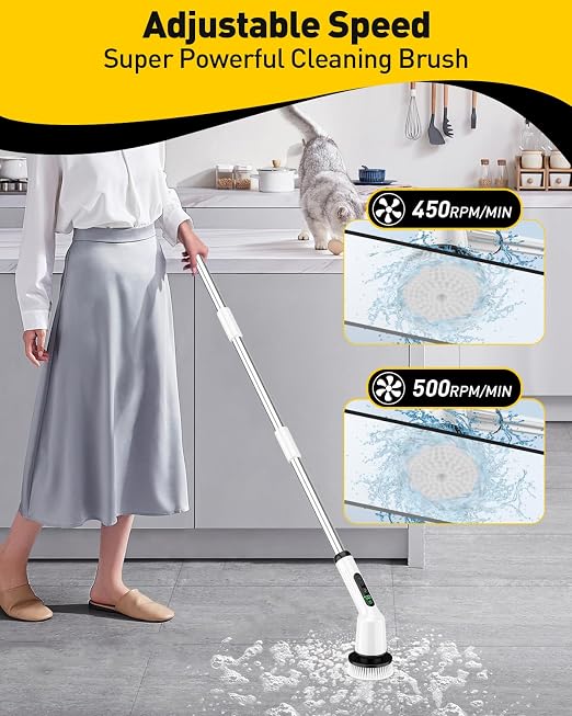 Electric Spin Scrubber for Bathroom, Shower Scrubber with Long Handle | Shower Cleaner Brushes, IPX7 Waterproof & 2 Speed, 8 Brush Heads, 90min Runtime, Bathroom Cleaning Supplies for Toilet Tub