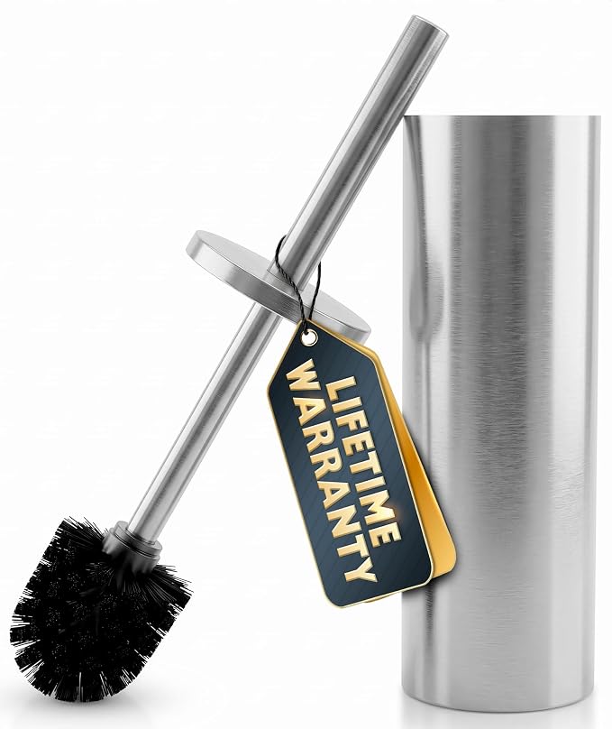 Stainless Steel Toilet Brush and Holder Set - Free-Standing Toilet Bowl Brush and Holder with Removable Inner Bowl, Splash Cover, Sturdy Bristles, Corrosion & Scratch Resistant - Modern Toilet Design