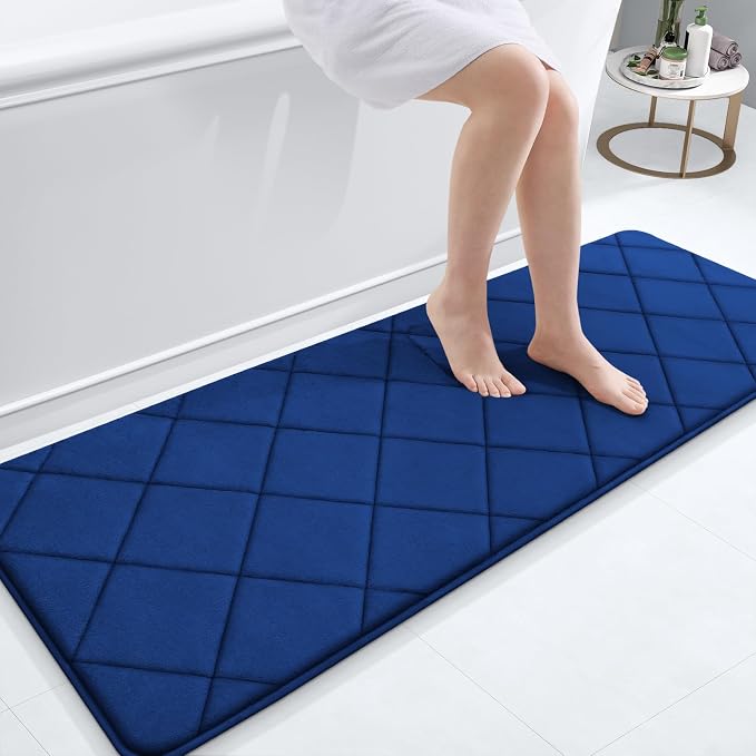 OLANLY Memory Foam Bath Mat 59x20, Ultra Soft and Absorbent Bathroom Rugs | Navy, Quick Dry, Machine Washable Shower Bath Rugs, Comfortable Bath Carpet for Bathroom Floor, Tub and Shower