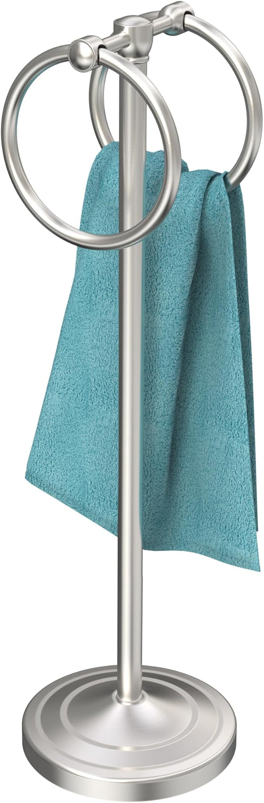 18" Hand Towel Holder Stand, Stainless Steel Free Standing Towel Rack Bar,Double Ring Towel Hanger with Weighted Base, Towel Hardware for Bathroom Vanity Kitchen Countertops(Nickel)