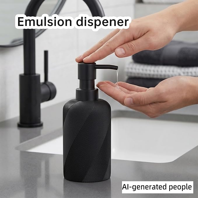 Bathroom Accessories Set, Bathroom Organizer Countertop, Matte Black, 4 PCS | Modern,Simple,Stripe, With 10OZ Soap Dispenser, Toothbrush Holder, Mouthwash Cup, Vanity Tray for Bathroom Home Hotel Office