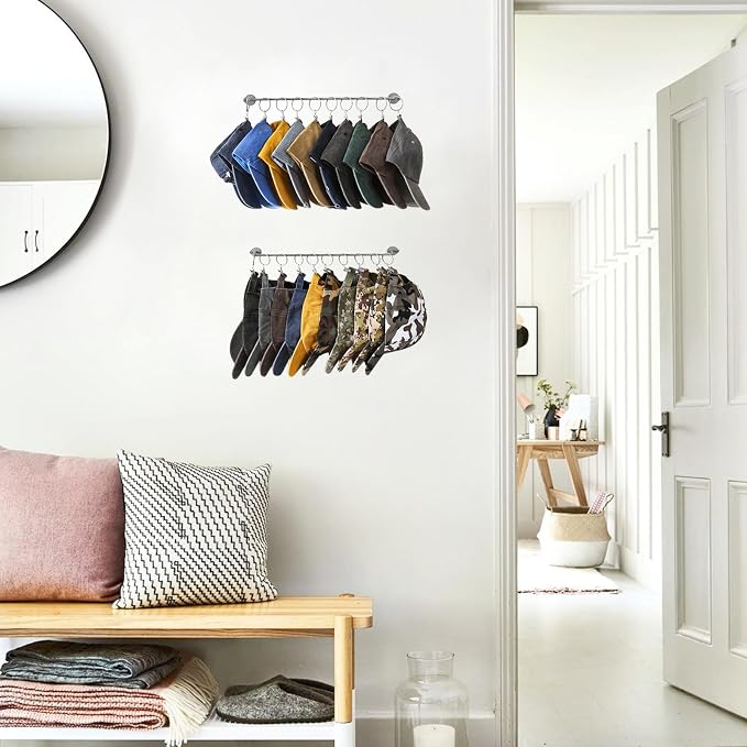 Viklluyr Hat Rack Baseball Cap Wall Organizer - Closet Hats Holder with 20 Hooks - Metal Caps Storage Wall Mounted Hat Hanger Set of 2 for Closet Door Bedroom Entryway Laundry(Grey)