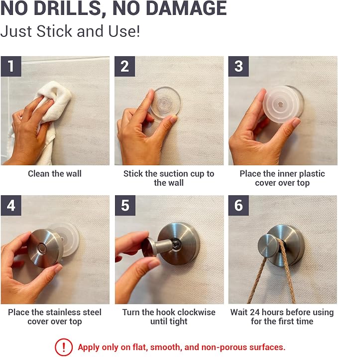 Suction Cup Hooks for Shower - 2 Pack, Chrome - Stainless Steel, Strong Suction, No Drill, Removable Hanger, Tile Bathroom Kitchen Wall, Glass Door, Mirror Hook Hanging Robe, Towel Holder
