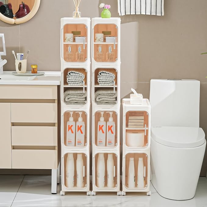 4-Tier Slim Bathroom Storage Cabinet, Tall Narrow Storage Cabinet with Movable Wheels, Adjustable Shelves, Skinny Bathroom Storage Organizer for Small Space, Bathroom, Kitchen, Laundry, Cream White