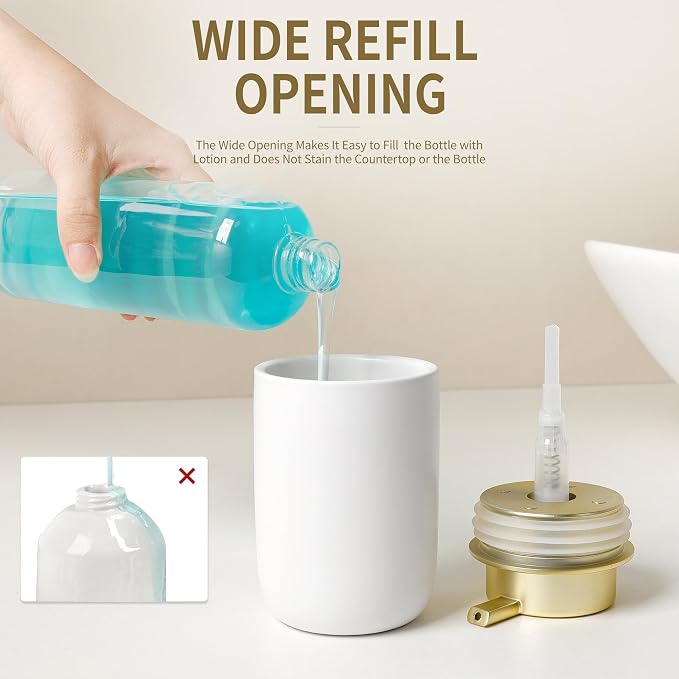 BosilunLife Lotion Pump Dispenser for Bathroom, Kitchen, Countertop | Hand Soap Dispenser Bathroom Ceramic Dish Liquid Soap Dispenser (White with Gold, Liquid Pump)