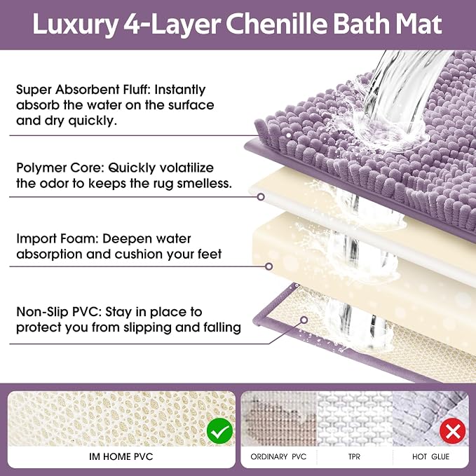 ACCUMTEK Striped Lavender Bathroom Rug Mat Set 2 piece 24"x17"+48"x20" Ultra Soft, Non Slip Chenille Bath Rugs, Absorbent Plush Shaggy Bath Mats for Bathroom, Bedroom, Kitchen, Shower, Tub