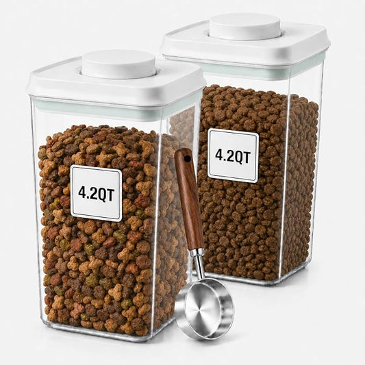 Pet Dog-Cat Airtight Food Storage-Container - 4.2Qt/4L jar(2Pc) with lid and 1/4Cup scoop | Holds 6–10 pounds of dry pet food | BPA-Free
