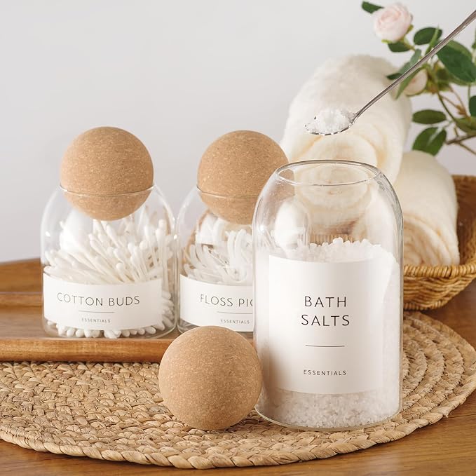 3 Pack Glass Jars with Cork Ball Lids, 17oz Tea Coffee Sugar Container Set | Decorative Coffee and Sugar Jars, Glass Coffee Bar Containers with Acacia Tray, Small Glass Storage Jars, Sugar Holder