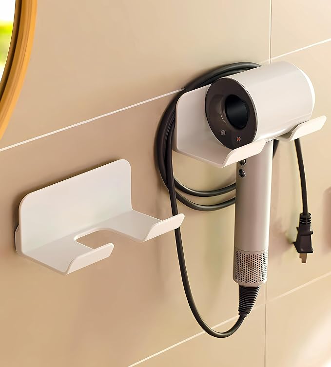 Hair Dryer Holder with Wire Hook, Self Adhesive Wall Mount | Universal storage rack fits most brand blow dryers, ideal for bathroom organization