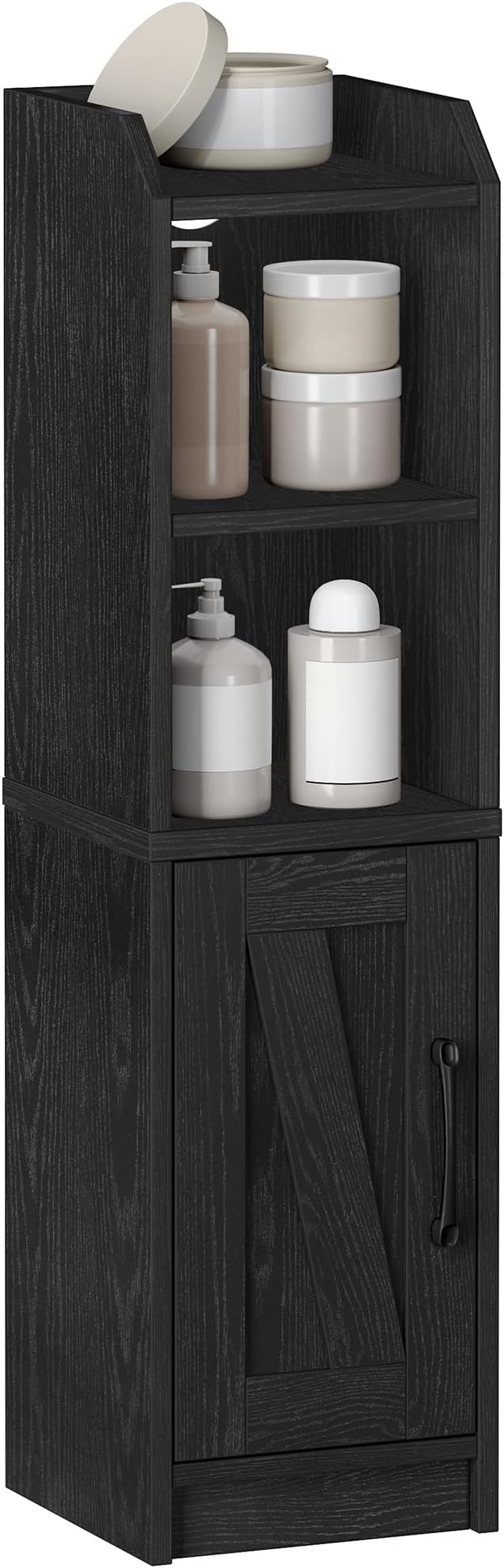 Hzuaneri Bathroom Storage Cabinet, Small Farmhouse Corner Floor Cabinet with Door and Shelves, Narrow Toilet Paper Holder Stand, Bathroom Organizer with Adjustable Shelf, for Small Spaces, Black