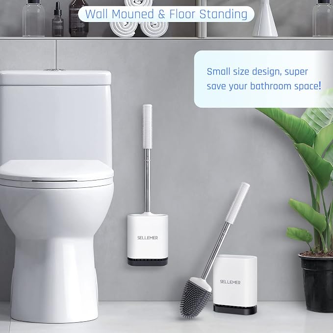 Silicone Toilet Brush, Ventilation Slots Base Holder 3 Pack, White | Flexible Bristles Flat Head for Rim, Hair Tangle-Free, Easy to Clean, Compact Design, Rustproof Handle, for Toilet/Sink/Tub