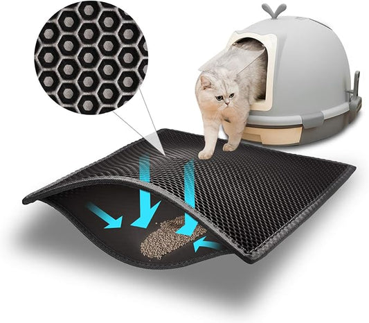 Pieviev Litter Mat, Double-Layer Waterproof Trapping Mat, 24" x 15" Black | Honeycomb Design Catches Scattered Particles to Stop Tracking, Urineproof Base Protects Floors, Easy to Clean