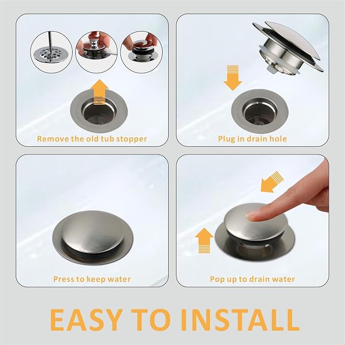 Brushed Bathtub Drain Stoppers, Wellup Universal Pop Up Bathtub Drain Stopper Replacement, Tip Toe & Lift and Turn Tub Plug, Stainless Steel Drain Conversion Kit for 1-3/8"and 1-1/2" Bathroom Drains
