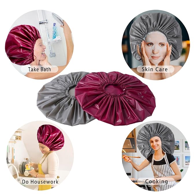 Super Jumbo Shower Cap for Women, 2 PCS Waterproof Hair Caps for Locs | Extra Large, Double Side Reusable PEVA Bath Cap, Washable, Holds Long Thick Twist Braid - Grey+Purple-red