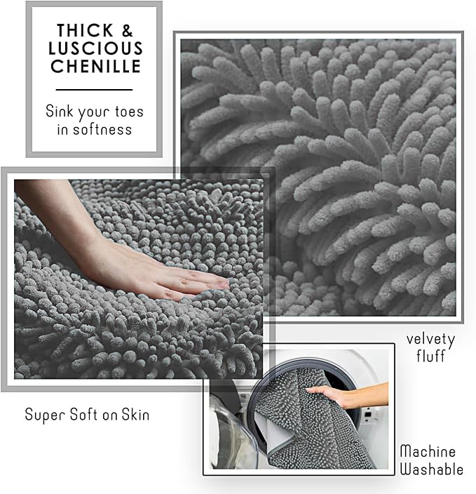 Hearth & Harbor Bathroom Rugs, Chenille Bath Mat - Machine Washable Bath Mats for Bathroom Non-Slip Backing Rubber, Quick Dry Bathroom Mat, 24 x 36 - Frost Grey