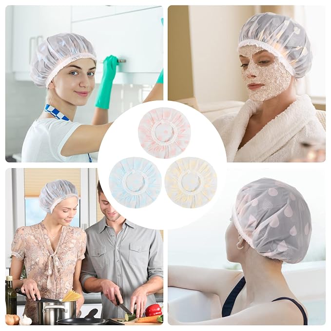 Waterproof Shower Caps, 3 Pcs Plastic Reusable Shower Caps Elastic Band Bath Caps for Women Ladies Spa Salon | Reusable Waterproof, Foldable For Travel, for Shower, Makeup, Cooking, Hair Care