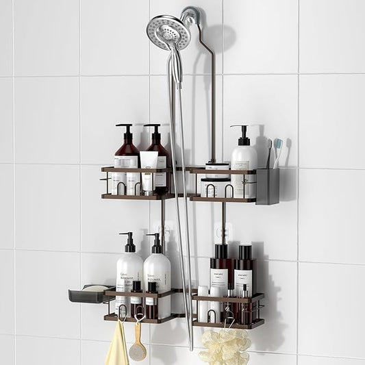 REINHARDT Adjustable Shower Caddy Hanging for Handheld Showerheads, Bronze | Patented Shower Organizer, Rustproof, 40lbs Capacity, Anti-Swing, Tool-Free, Suction Cups, 8 Hooks, Soap & Toothbrush Holder