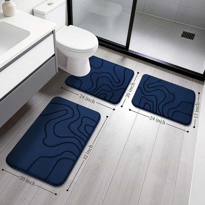Memory Foam Bathroom Rugs Sets 3 Piece, Ultra Soft Bath Mat, Dark Blue | Ultra Soft, Extra Thick Bath Mat, Absorbent, Non-Slip, Machine Washable, For Tub, Shower & Home Decor Accessories