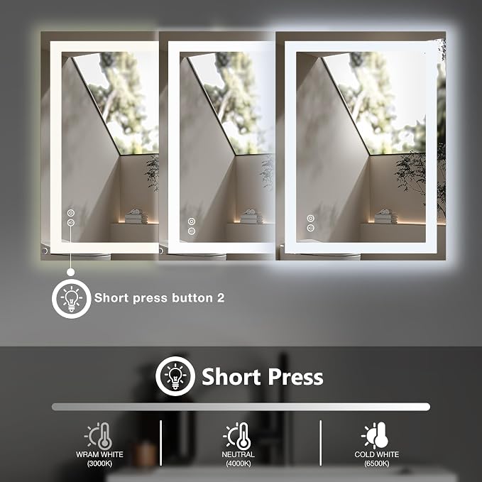 DUMOS 24.1"x32.1" LED Bathroom Mirror, Bathroom Vanity Mirror | Smart Anti-Fog, Front Light and Backlit, 3 Color Temperatures, Dimmable, Memory Function