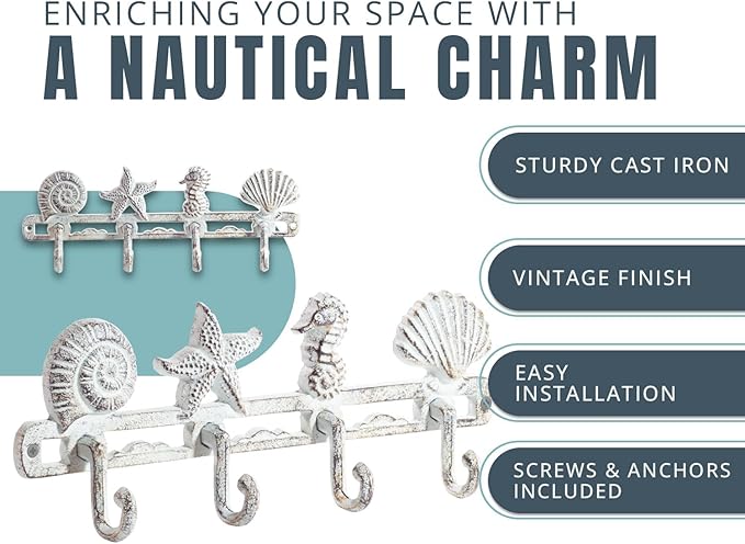 Comfify Antique White Seashell Cast Iron Wall Hook Rack – 4 Hooks, 13.5" | Antique White; 2 seashells + starfish + seahorse; 4"H x 13.5"L; cast iron; includes screws and anchors; coastal decor