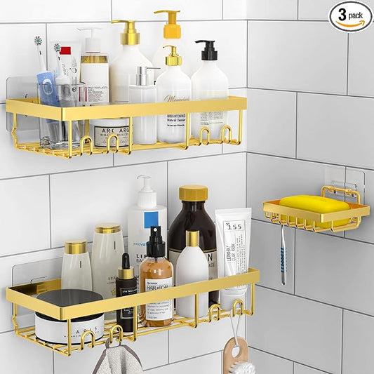 Moforoco 3-Pack Shower Caddy Basket Shelf with Soap Holder, No Drilling Traceless Adhesive Shower Wall Shelves, Rustproof Black Bathroom Shower Storage Organizer