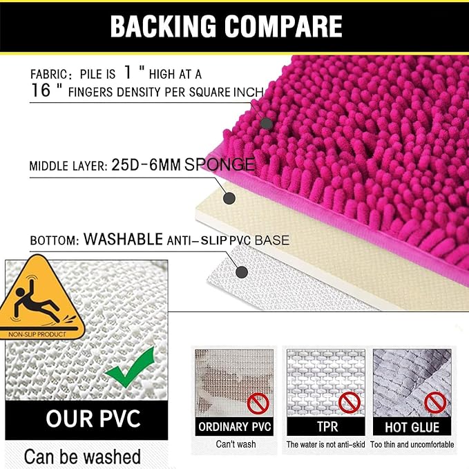 Bathroom Rugs Chenille 3-Piece Extra Soft and Absorbent Shag Bathroom Rugs, Machine Wash Mat, Strong PVC Non-Slip Underside, Plush Carpet Mats (Rose Red)