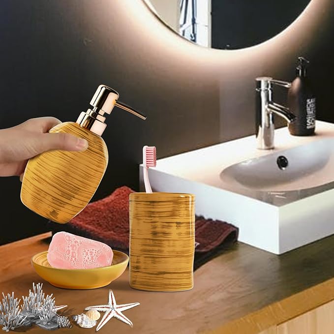 Bathroom Accessories Set, 3 Pcs Marble Look Bath Set Soap Dispenser & Toothbrush Holder Set, Counter Top Restroom Apartment Decor Stuff, Ceramic Kits, Unique Gift, Yellow