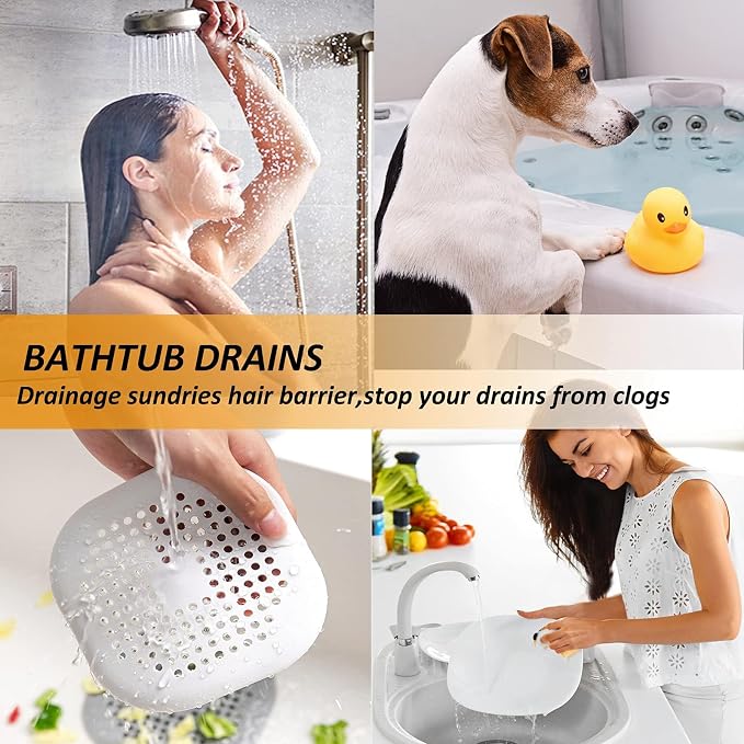 Bovinde Hair Drain Catcher,Square Cover for Shower 4 Pack (Pure White) | Drainer Cover Silicone Hair Stopper with Suction Cups,Protector Accessories,Easy to Install Suit for Bathroom,Bathtub,Sink